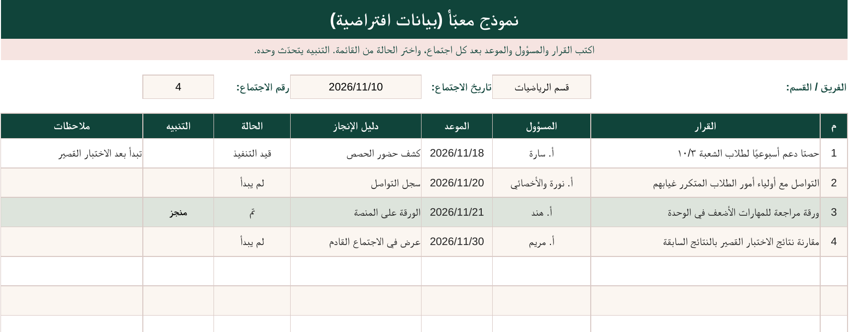 شكل جدول متابعة القرارات بعد التعبئة ببيانات افتراضية